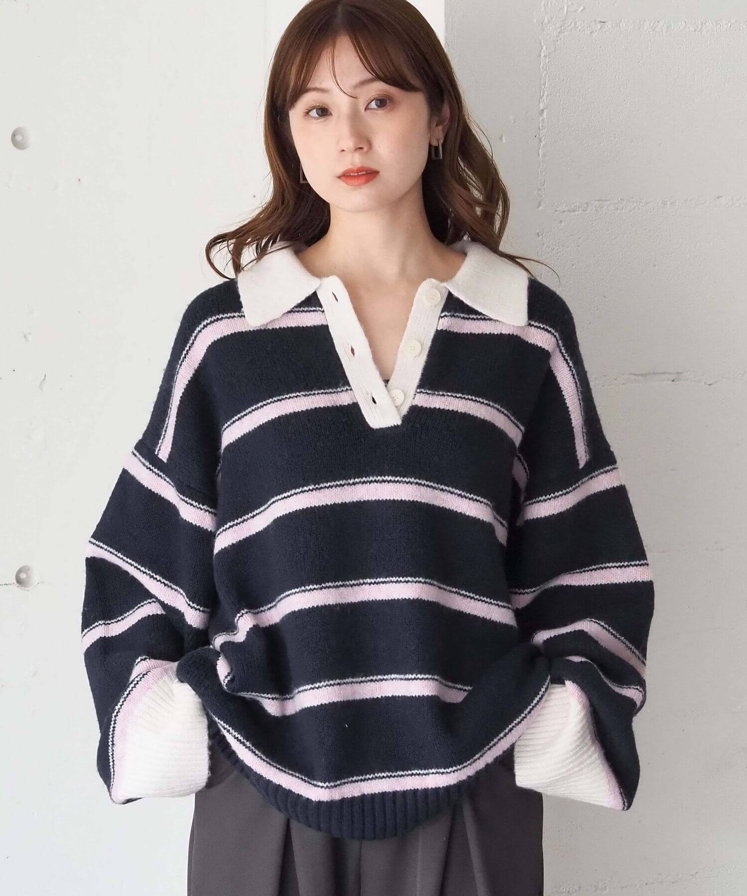 tiptop+pocket ティップトッププラスポケット / ボーダーポロ襟ニット